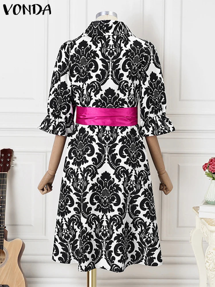 Maxy Plus Size Women Elegant Printed Dress Bohemian Stand Collar Bow Belt Casual Loose Robe Knee Length Sundress