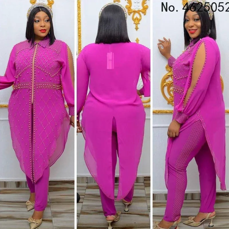 Maxy Autumn Women Long Sleeve Dashiki Two Pieces Sets Top and Long Pant African Clothes Women African Suit