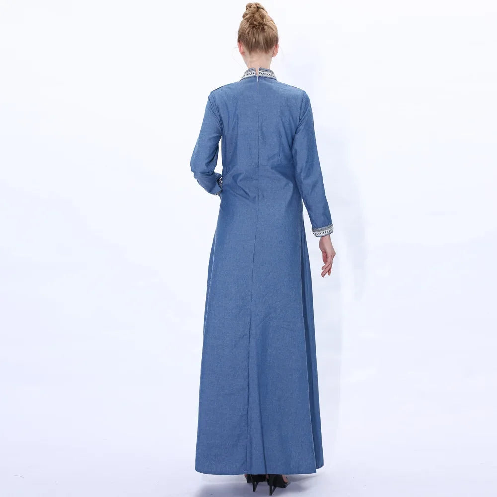 Maxy New Women Denim Long Dress Abaya Muslim Dubai Kaftan Islamic Robe Turkish Caftan Vintage Party Gown