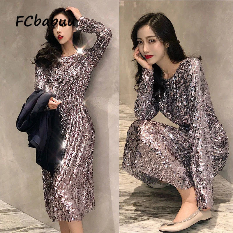 Maxy Silver Dresses for Women 2024 Sequin Long Sleeved Gown Party Celebrity Dress Slim Bodycon Streetwear Prom Outfits