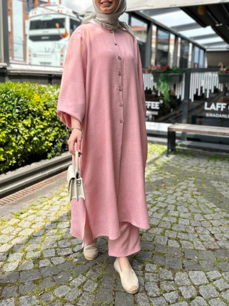 Maxy Muslim Dress for Women Blouse 2 Piece Set Long Sleeve Abaya Shirt Wide Leg Pant Suits Arabic Dubai Dresses Musulman Ensembles