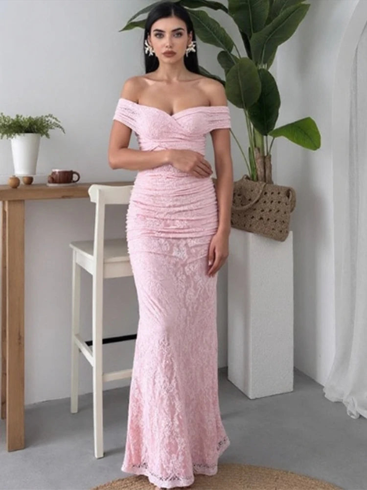 Maxy Chic Elegant Women Lace Evening Dresses Off-shoulder Pink Famale Mermaid Split Night Prom Formal Gowns For Party