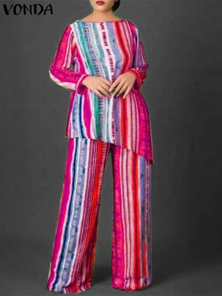 Maxy Plus Size 5XL Bohemian Vintage Printed Pant Sets Women Long Sleeve Tops and Pants 2pcs Kaftan Casual Loose Suits