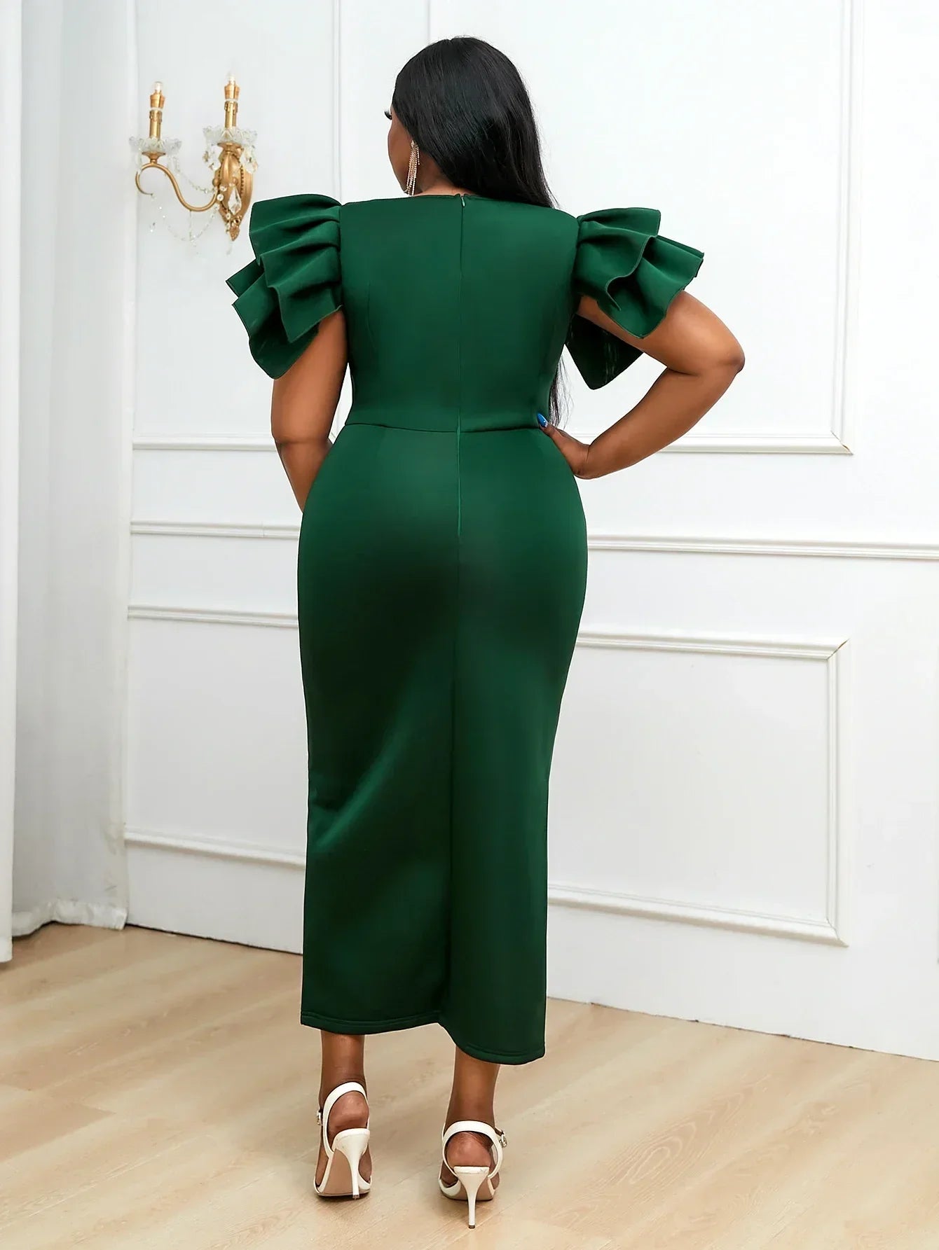 Women Plus Size Long Evening Party Dress Dark Green For Women Ruffle Sleeve Slit Bodycon Sheath Evening Celebrate Occasion Gowns