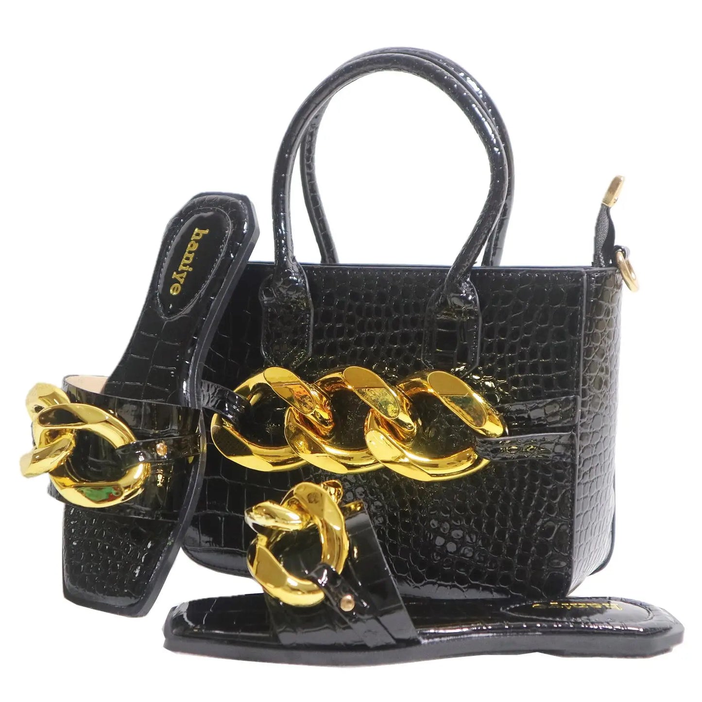 Maxy Big Metal Chain Decoration PU Handbags Matching Square Toe Flats Slippers Stone Pattern Shoes And Bag Set