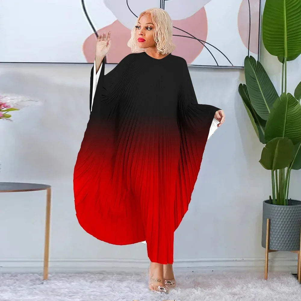 Maxy Fashion Gradient Color Pleated Dress in Spring Stylish and Loose Fit Oversized Printed Bat Sleeves Slimming Long Pleated Dress