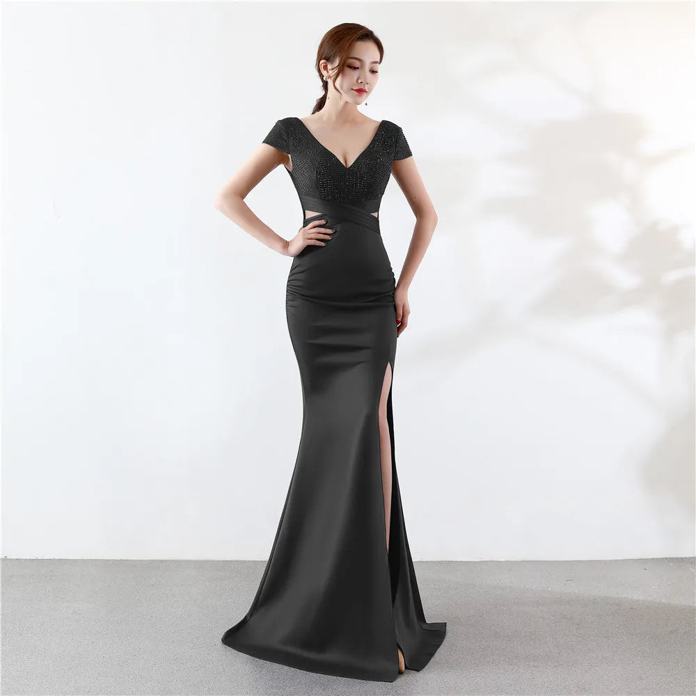 Maxy Customized Cap Sleeve V Neck Cross Waist Side Slit Backless Dress Cocktail Party Evening Gowns For Women