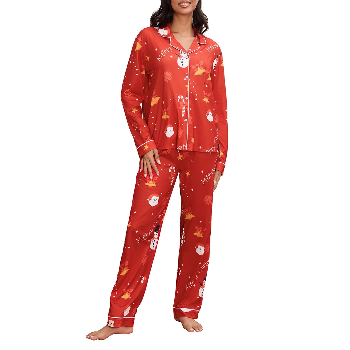 Maxy Fashion Women Christmas Pajama Sets Snowman Santa Print Long Sleeve Button Shirts+Long Pants Xmas Sleepwear Nightwear