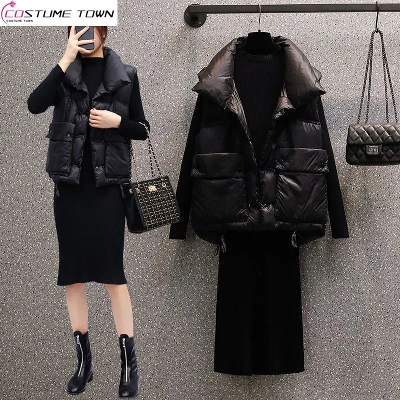 Maxy Autumn and Winter New Set Women's Korean Edition Fashion Age Reducing and Slimming Cotton Cloth Vest Woolen Dress Two Piece Set