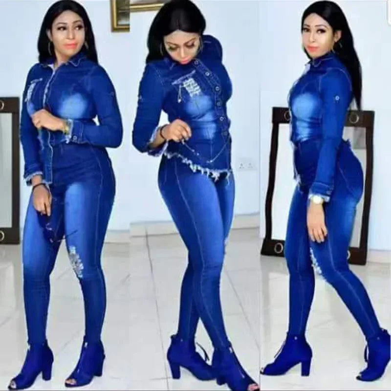 Maxy Casual Denim 2 Piece Set Jeans Suit Women Blue Long Sleeve Jeans Jacket Long Pants Slim Tracksuit Outfits 2024 Spring Autumn