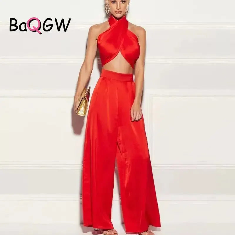 Maxy Sexy Satin Women Two Piece Set Summer Halter Tank Top and High Waist Wide Leg Pants Matching Sets Vintage Party Club Outfits