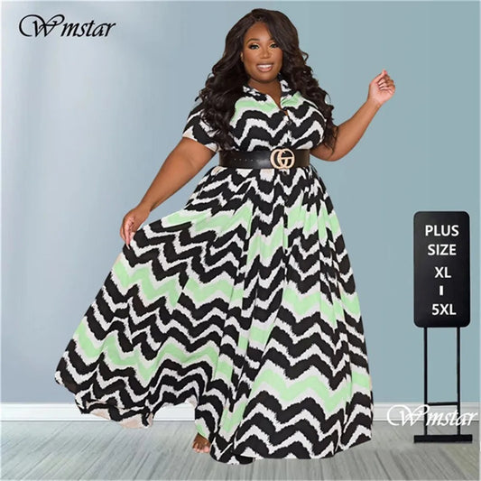 Wmstar Plus Size Dress Women 4xl 5xl  Striped  Loose Fashion Streetwear Cute Ball Gown Shirts Maxi Dress Wholesale Dropshipping