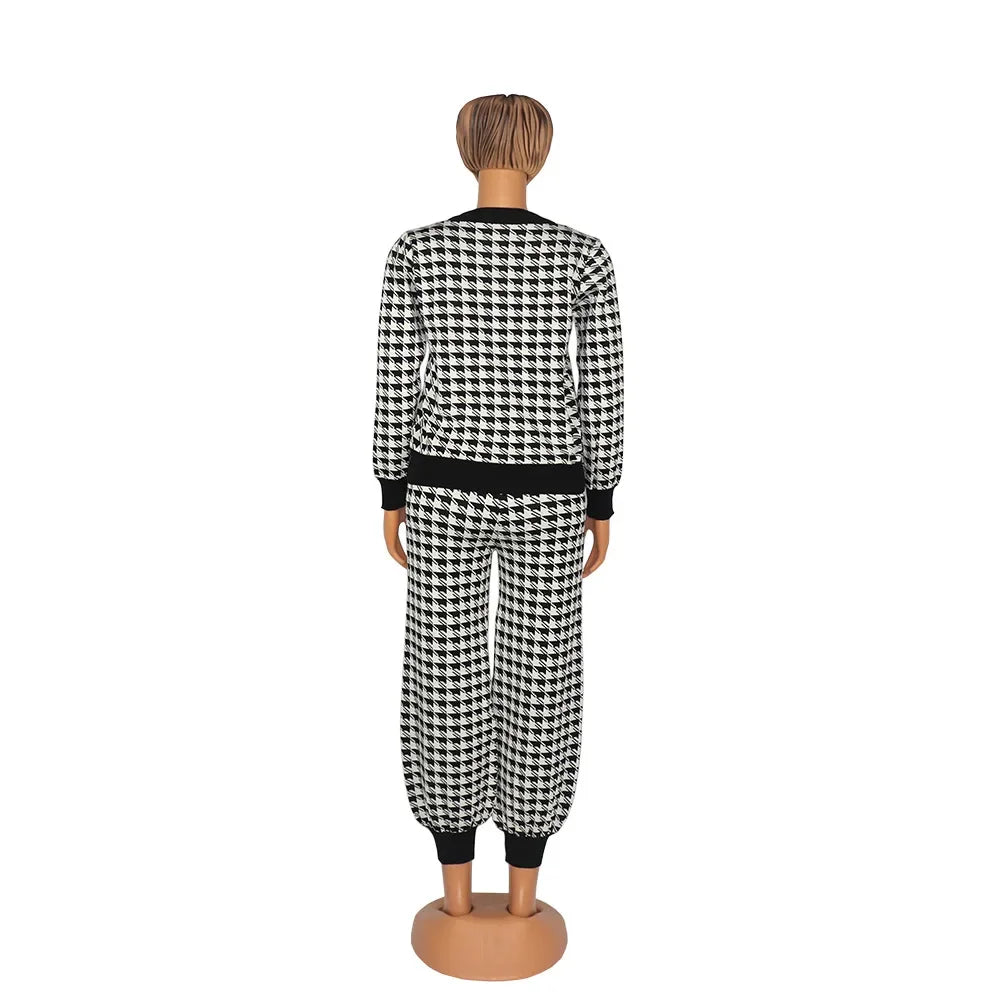 Amay Autumn and winter ladies streetwear casual suit houndstooth button coat trousers two piece pants set women clothing
