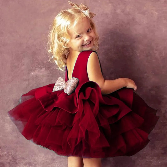 Amay Red Christmas Dresses for Kids Girls Backless Bow Princess New Years Clothes Tutu Infant Xmas Birthday Party Formal Gala Costume