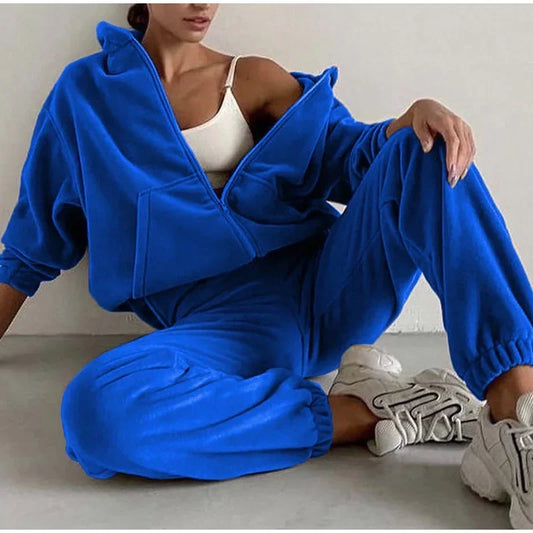 Women Tracksuit Autumn Winter Fleece Two Piece Sets Elegant Solid Oversized Warm Hoodies+Long Pant Sports Suit Ensemble Femme