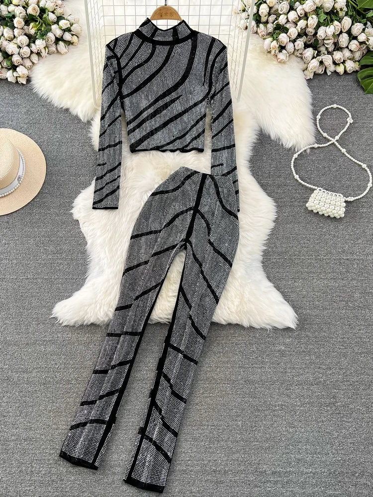 Maxy Spring Autumn Women Diamonds Striped Two Piece Set Gold/Silver/Black Stand Collar Long Sleeve Short Tops + Pants Suit 2Pcs New