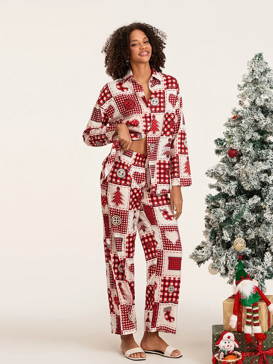 Maxy New Women 2 Piece Pajamas Set Christmas Print Long Sleeves Button Shirt And Elastic Pants For Loungewear Soft Sleepwear S-XL