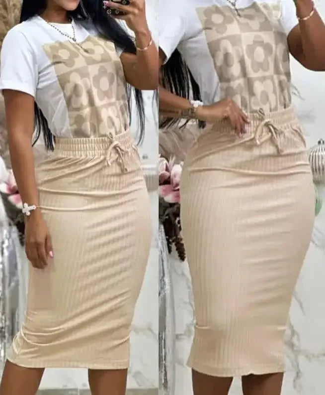 Maxy Women's Floral Graphic Print Top & Drawstring Slit Skirt Set Fashion Summer Clothing Female Casual Outfits Two Piece Suit