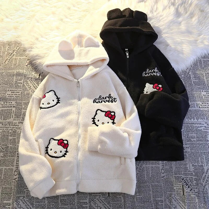 Maxy Hello Kitty Zip Hoodie Girl Loose Cardigan Coat Streetwear Women Clothes Oversized Sweatshirt Cardigan Plush Jacket Sweater