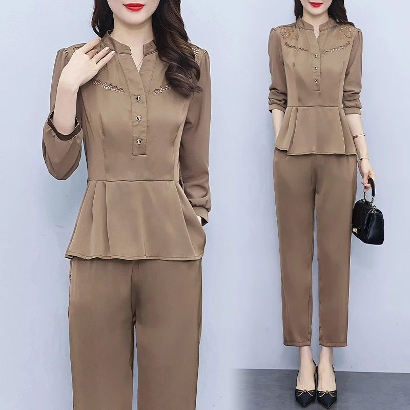 Amay New Spring Autumn Pants Sets For Women 2 Pieces Fashion Elegant Oversize Stand Collar Folds Hem Slim Female Suits