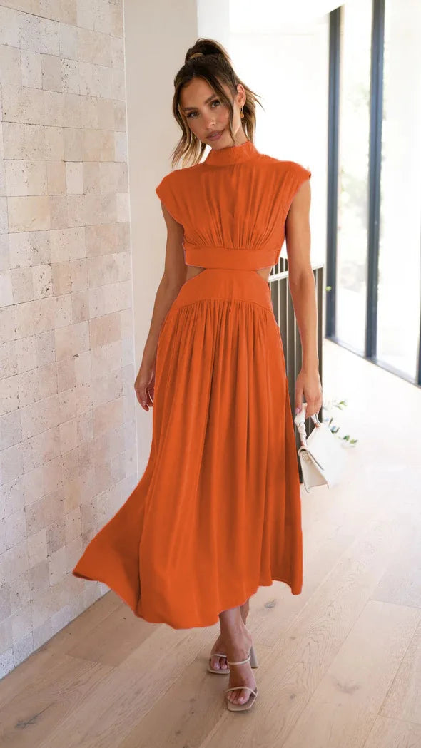 Maxy Summer Solid Color Sleeveless Dresses Women Temperament Elegant Stand Collar Hollow Out A-line Long Dress Ladies Trendy Vestidos