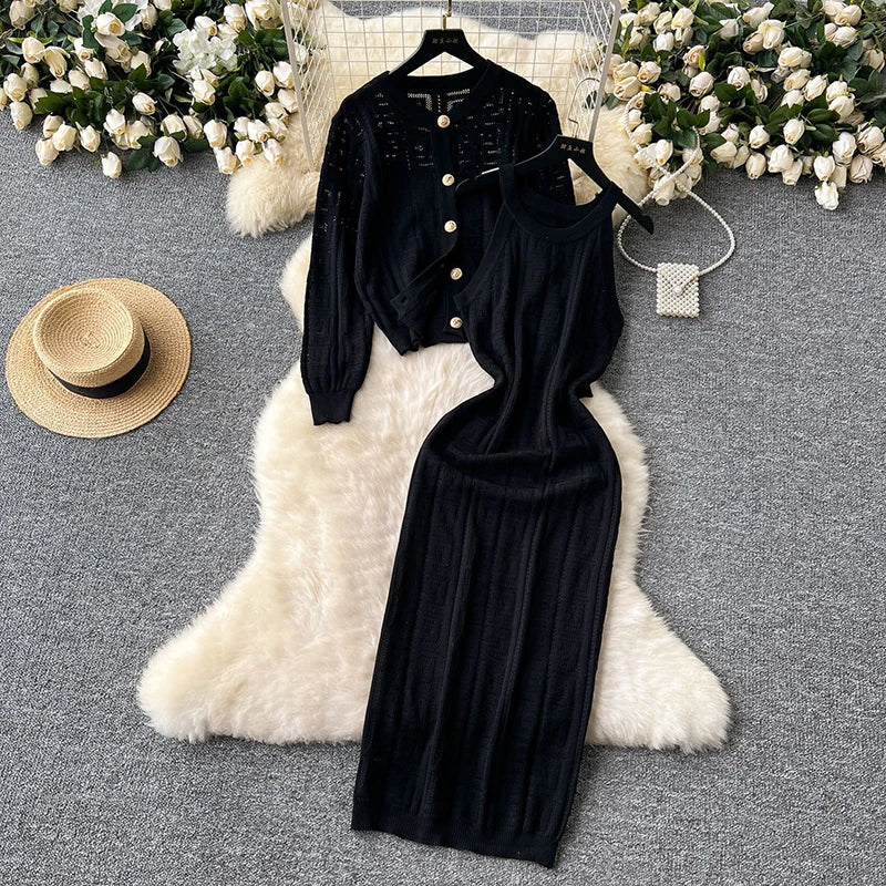 Maxy Knitted Fall Winter Warm Women 2 Piece Sets O-neck Single Breasted Cardigan Coats Tops Conjunto Korea Sleeveless Dresses Outfit