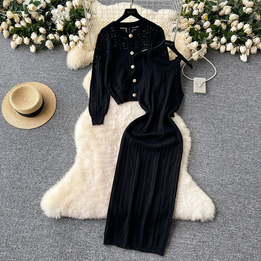 Maxy Knitted Fall Winter Warm Women 2 Piece Sets O-neck Single Breasted Cardigan Coats Tops Conjunto Korea Sleeveless Dresses Outfit