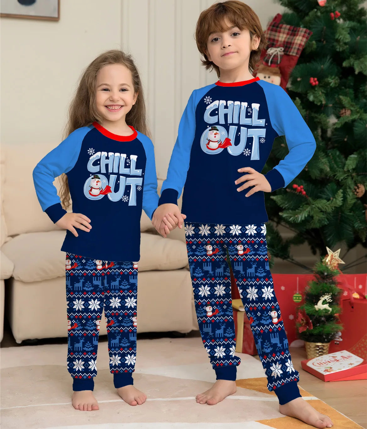 Christmas Pajamas Family Set Blue Printed Family Matching Christmas Pajamas Couples Women Men Kids Boy Girls Christmas Pjs Set