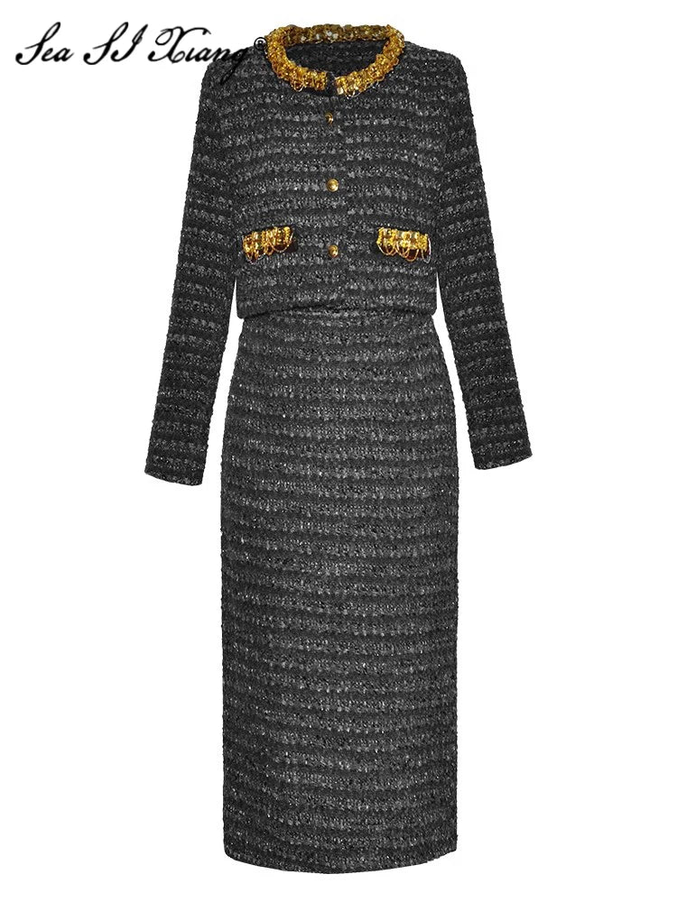 Seasixiang Striped Tweed Suit Women Diamonds O-Neck Single Breasted Jacket + Pencil Skirt Vintage Two Piece Set Female New