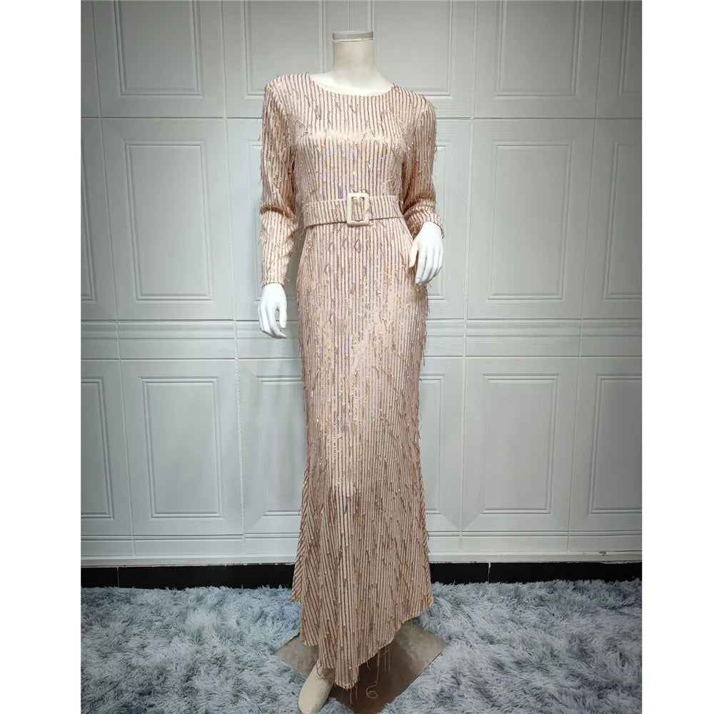 Maxy Modest Muslim Women Abaya Sequins Beads Bodycon Long Dress Turkey Arab Kaftan Islam Evening Party Gown