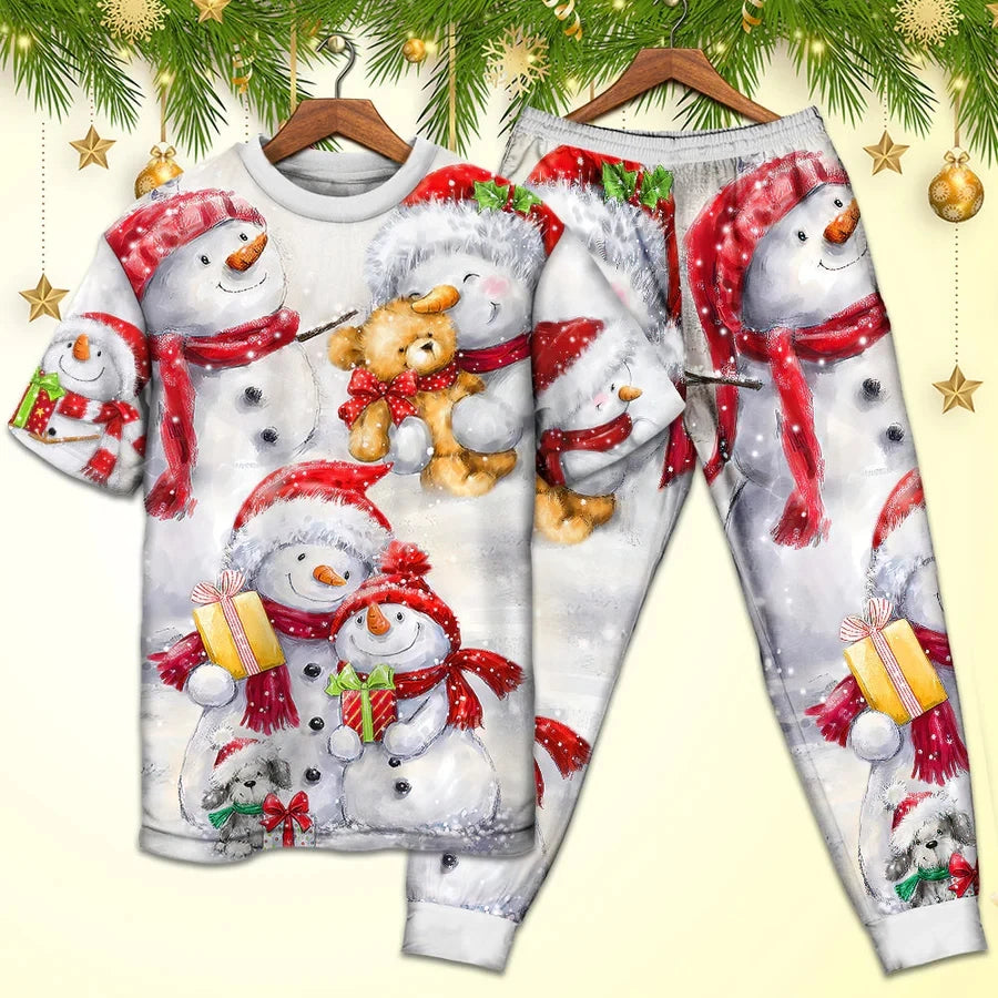 Christmas Snowman In Love So Happy Xmas Painting Style - Pajamas Short Sleeve 3D All Over Printed Kids Pajamas Cosplay Clothes