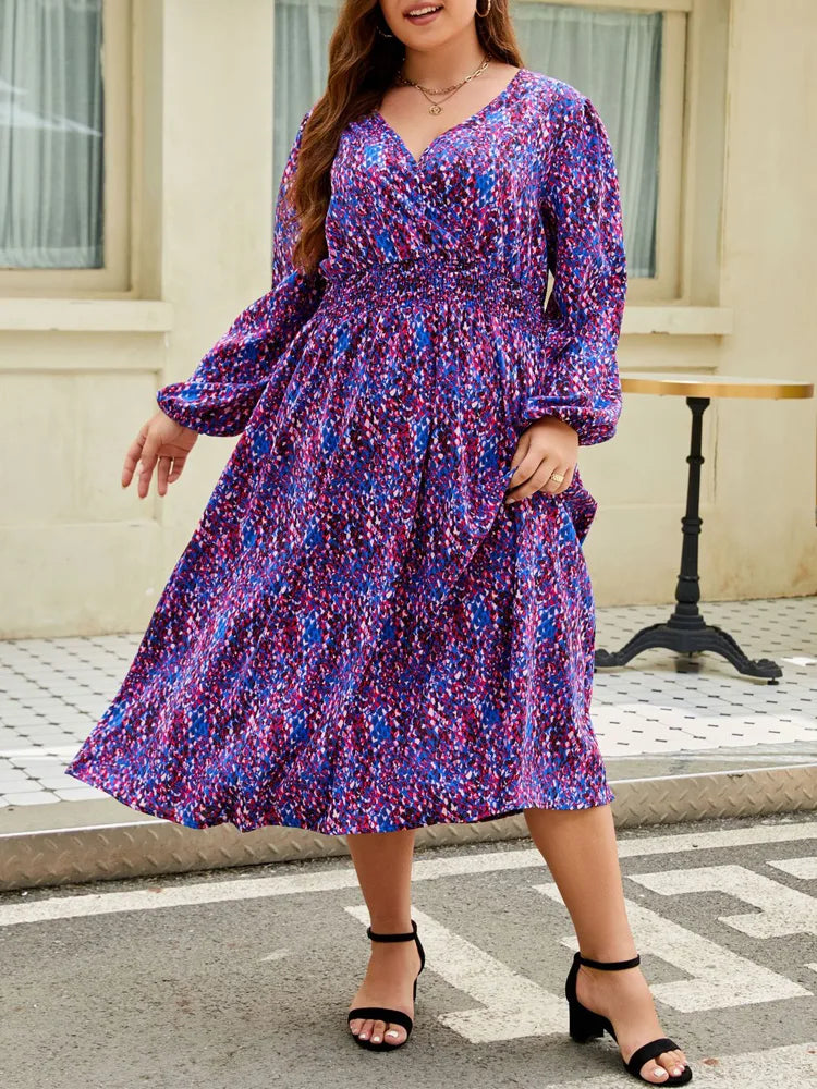 Maxy Plus Size Boho Causal Print Long Dress Wrap V Neck Full Lantern Sleeve Elegant High Waist A-Line Dresses for Women