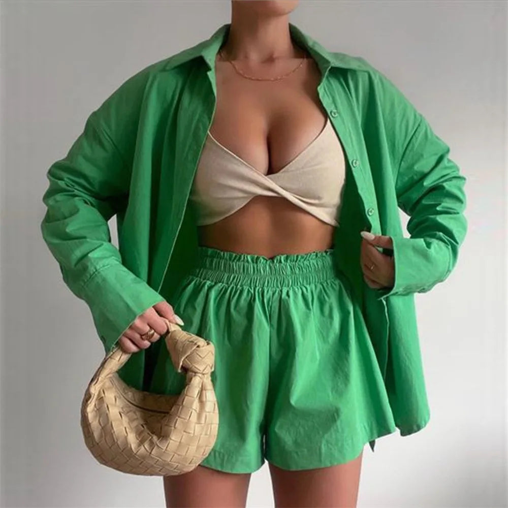 Maxy Women Tracksuits Shirt with Mini Shorts Cotton Two Pieces Sets Fashion Clothing Outfits Women Blouses Fashion Tracksuits