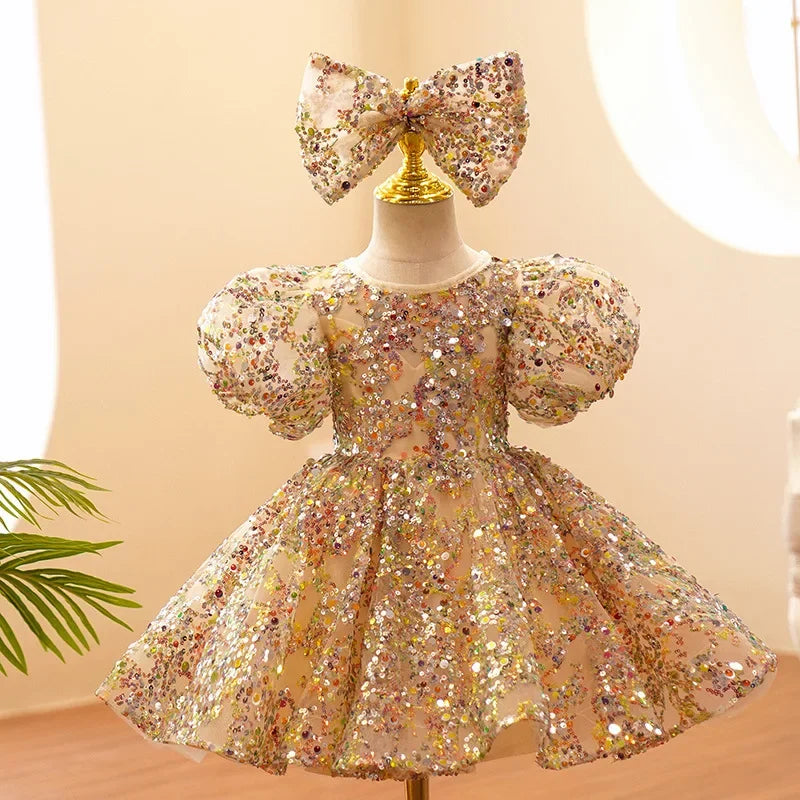 Maxy Child Girls Evening Dresses Champagne Gold Luxury Birthday Party Gown Sequin Pageant Formal Dress Teen Wedding Prom Frock