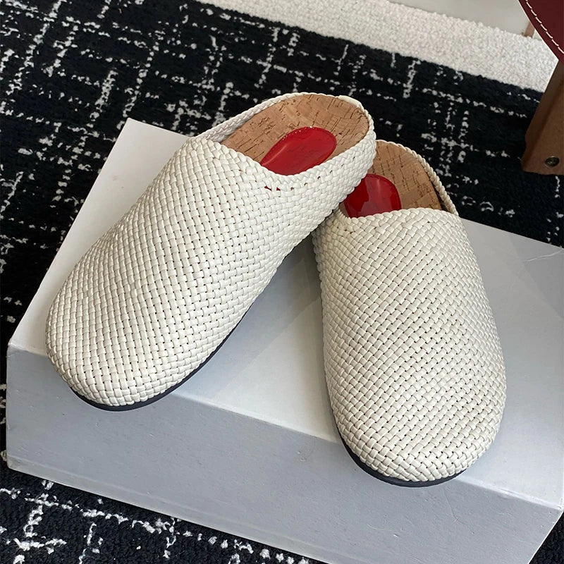 Maxy Genuine Leather Weaving Design Half Slippers Women Closed Toe Fashion Flat Bottom Slippers Spring Autumn Outdoor Versatile Mules