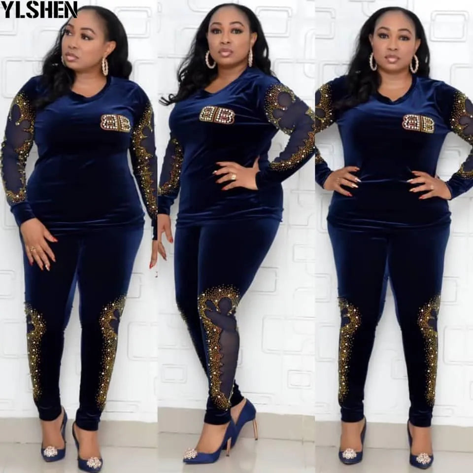 Maxy Sets for Women 2024 Long Sleeve Beading Diamonds African Elastic Bazin Baggy Pants Rock Style Famous Suit Lady