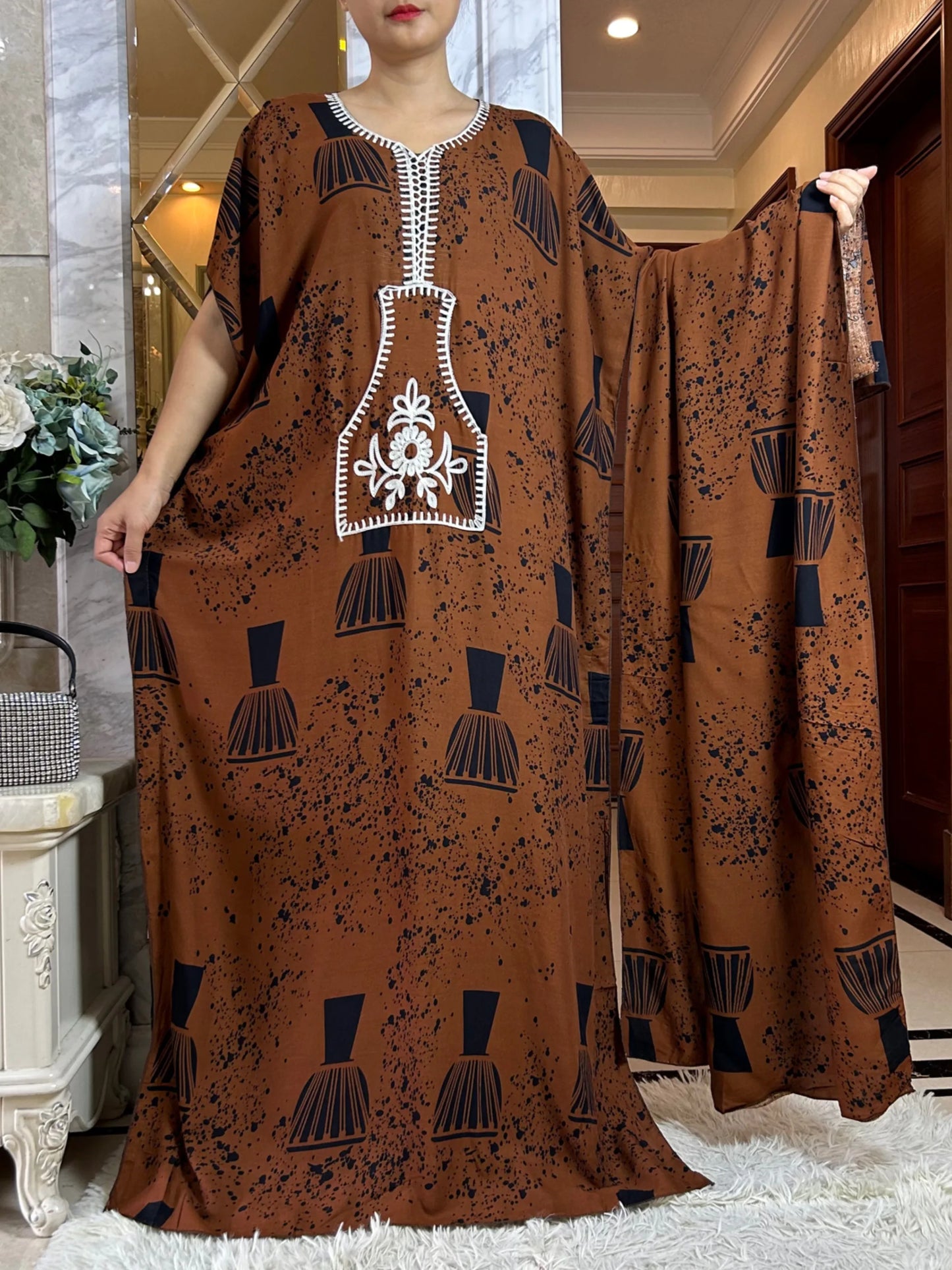Macy Latest Autumn African Lady Dress with Big Scarf   Cotton Printed Loose Floral Boubou Pocket Maxi Islam Women Short Sleeve