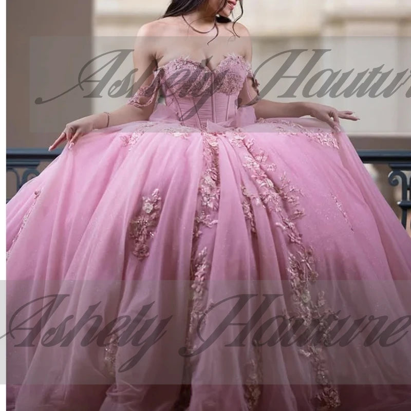 Maxy Princess Customized Mexican Pink Ball Gown Quinceanera Dresses For 15 Girls Beaded Appliques Women Prom Celebrity Party Gowns Vestidos