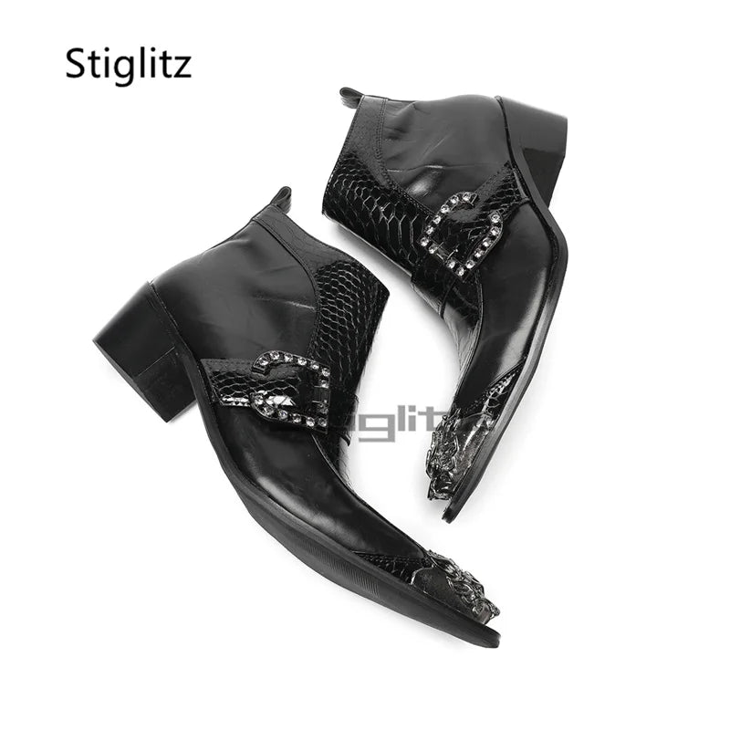 Visco Rhinestone Buckle High Heels Men's Boots Black Genuine Leather Metal Pointed Toe Side Zipper Business Ankle Boots Male Shoes