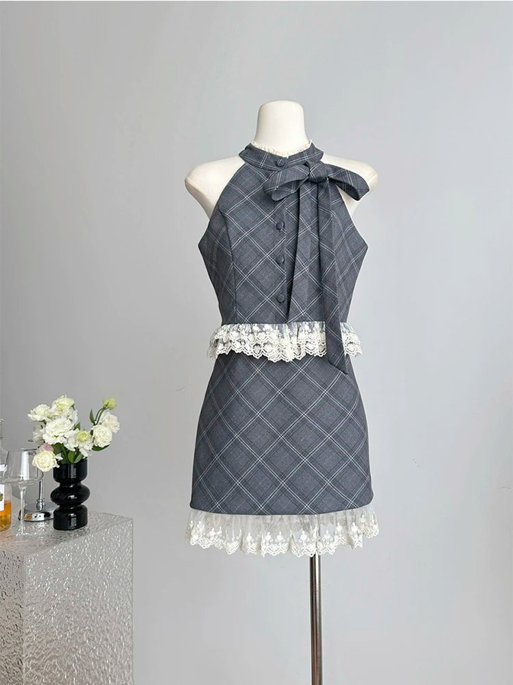 Amay Summer Women Old Money Ballet Core Party Rave Birthday Vacation Club Suit Lace Plaid Outfits 2 Piece Set Tank Top + Mini Skirt