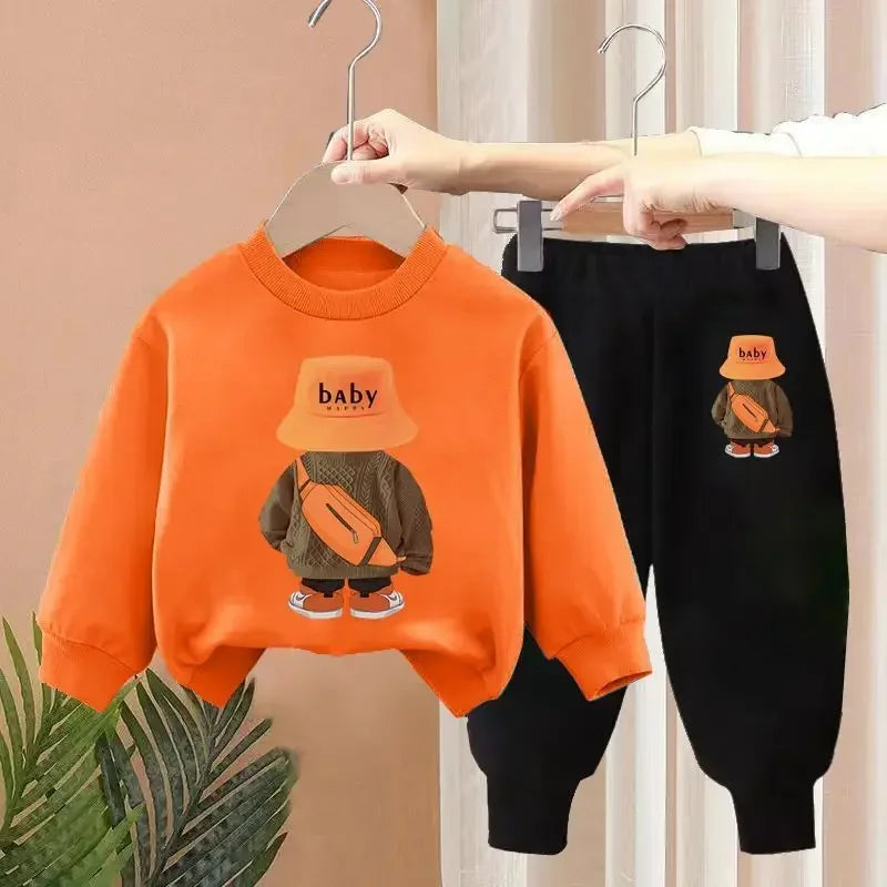 Maxy Autumn Baby Girl Boy Clothes Set Children Sports Cartoon Bear Sweatshirt Top and Pants Two Piece Suit 3-12 Years Kids Tracksuit