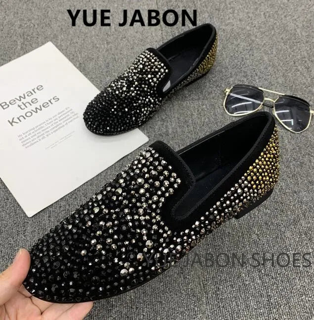 Visco New Fashion Men Rhinestone Shoes British Men's Flats Smoking Slippers Men Loafers Dress Shoes Black Casual Shoes Gladiator Mens