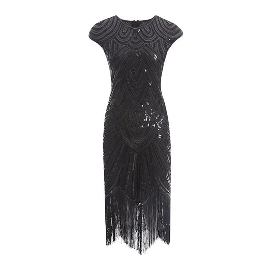 Maxy Vintage Glitter Evening Party Dress For Women Sequin Bead Embroidery Tassel Prom Gown Gala Dress Summer Art Deco Retro Black
