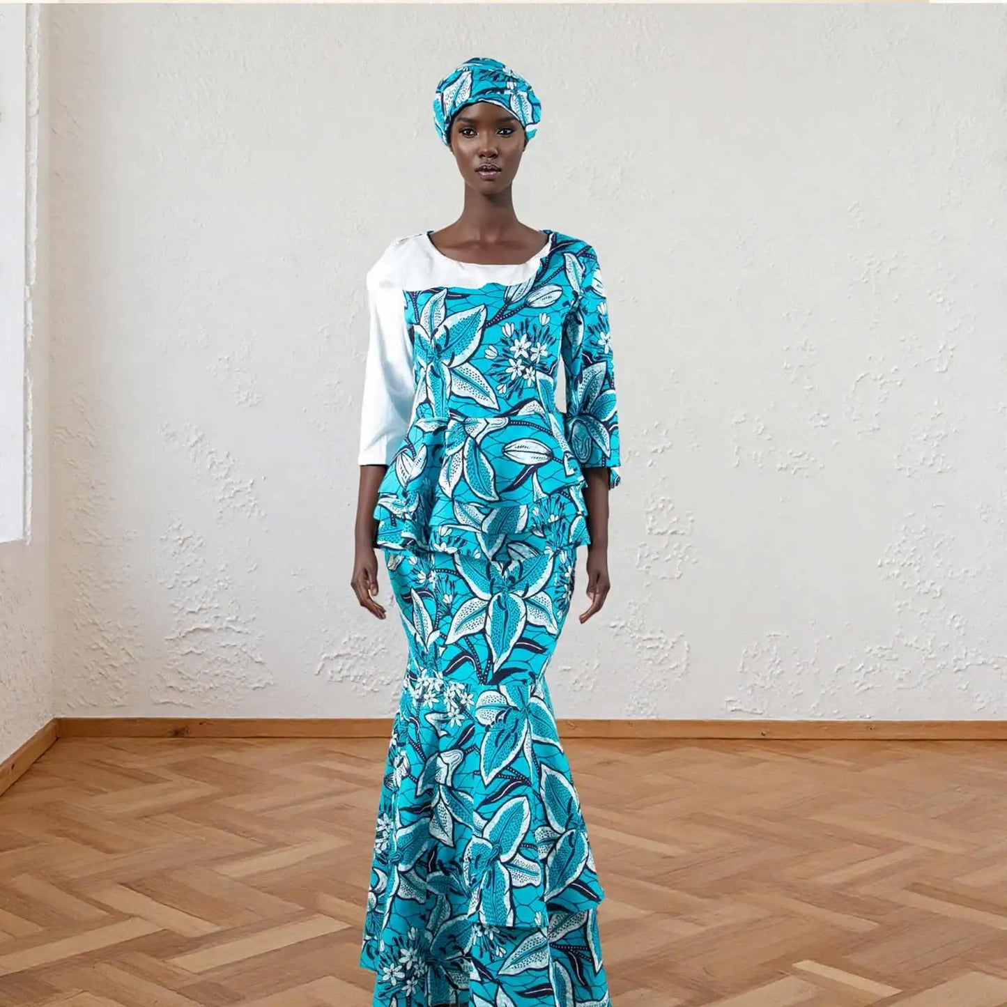 Maxy New African Dresses for Women Dashiki Print Patchwork Top and Mermaid Skirt Match Turban Traditional Wedding Party Dress 2526004