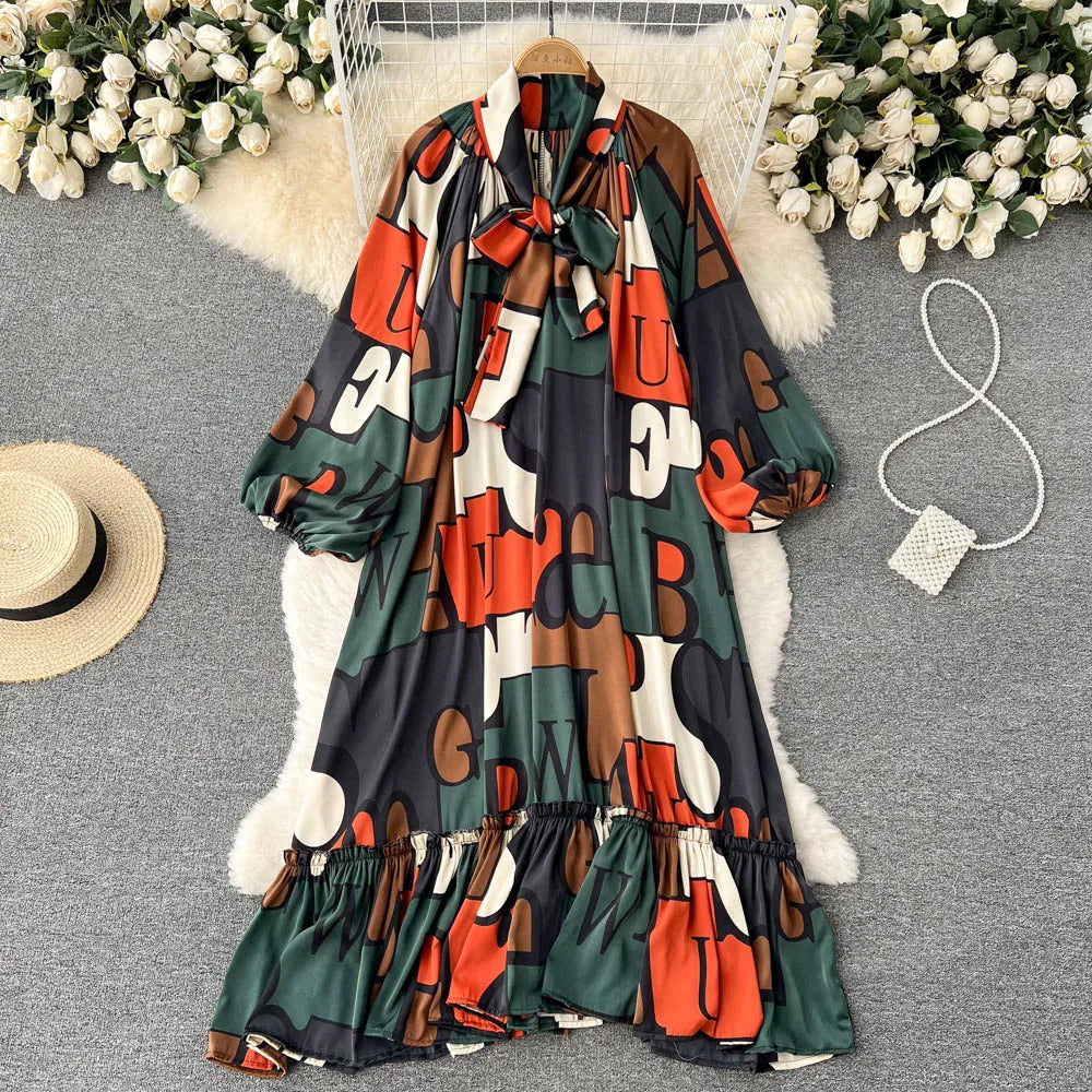 Maxy Women's Runway Fashion Spring Summer Long Sleeve Casual Loose Print Dress Female High Waist Chic Party A-line Dress TB2615