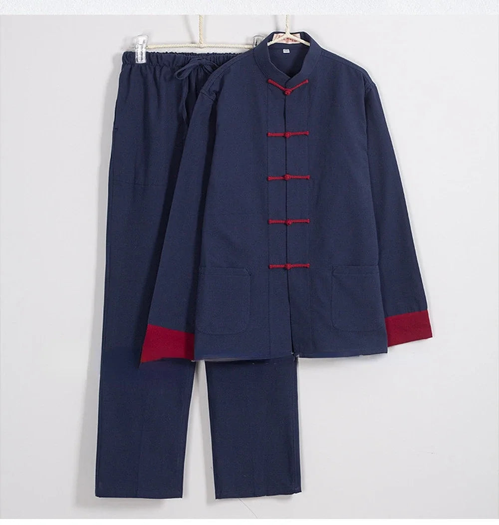 Maxy Traditional Chinese Style Men Cotton Linen Tops Pants Hanfa Tang Suit Kung Fu Tai Chi Uniform Oriental Fashion Clothing Sets