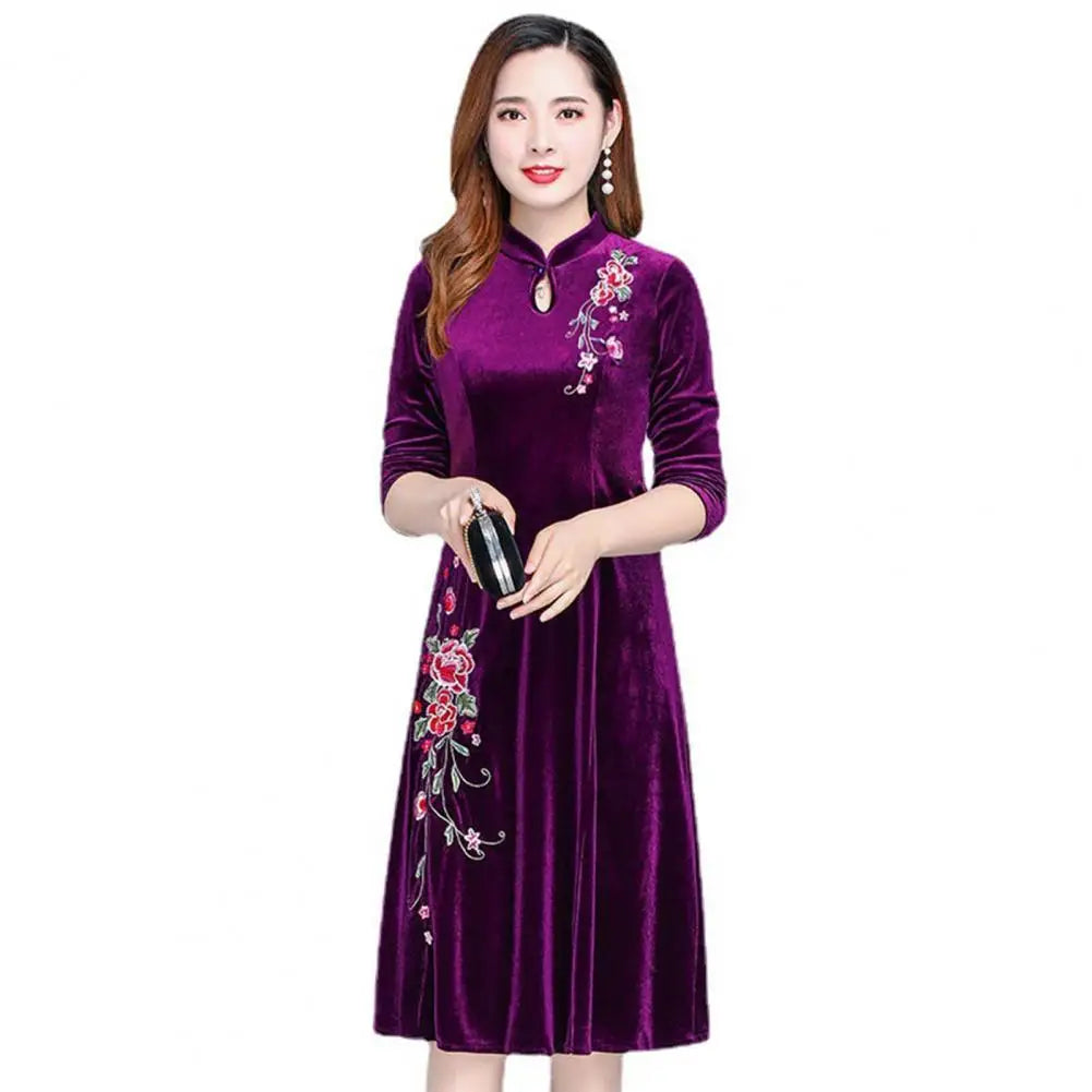 Amay Women Fall Winter Dress Flower Embroidery Hollow Out Velvet Dress Thick Big Swing Stand Collar Long Sleeve A-line Dress