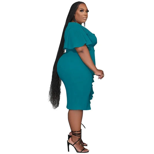 Maxy Plus Size Women's Summer Bodycon Dress Short Sleeve Solid Color Ruffle Hem Knee-Length