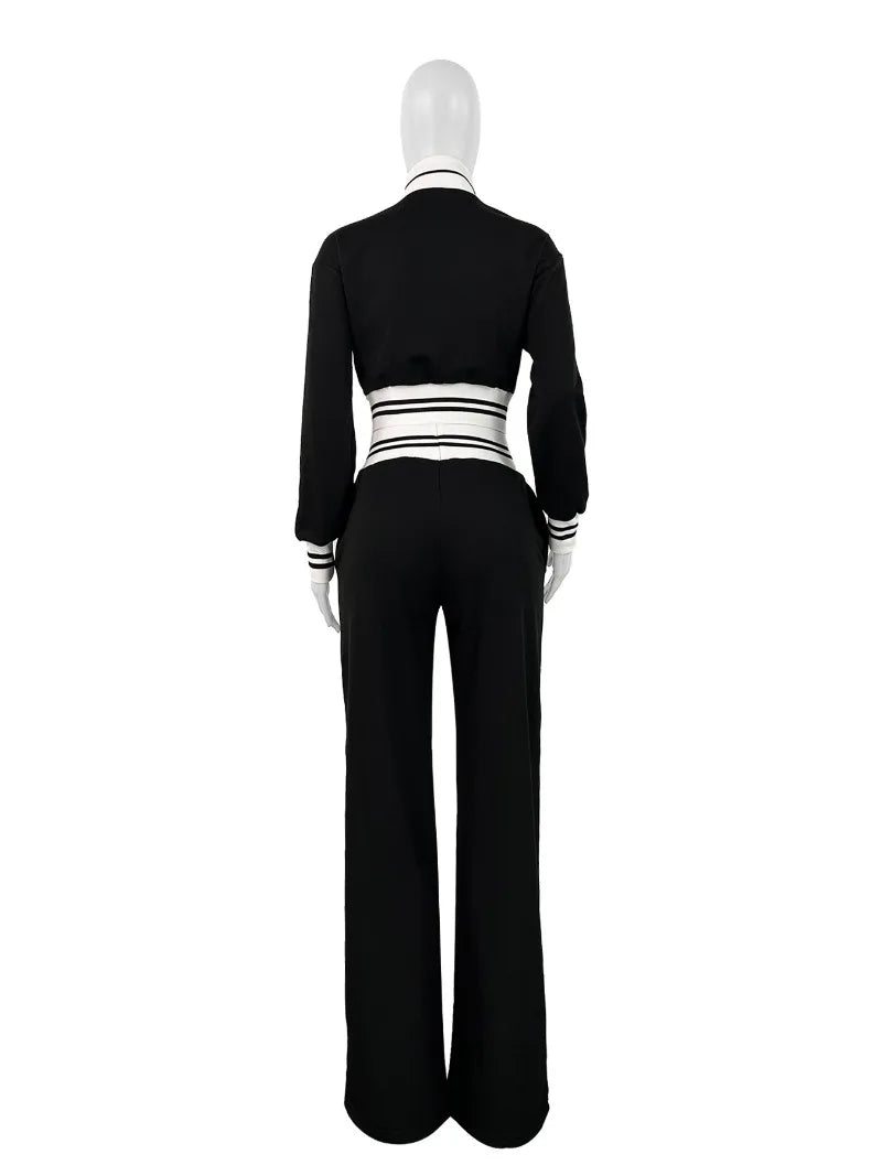 Maxy Contrast Color Women Autumn 2 Piece Set Stand Collar Long Sleeve Zipper Sweatshirts Crop Tops + Flare Pants Streetwear Tracksuit