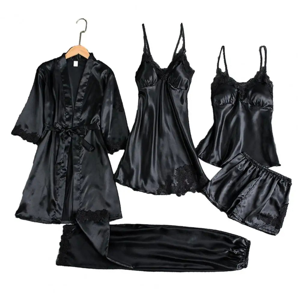 Silk Pajama Set Elegant Satin Lace Pajama Set with Lace-up Waist 5-piece Women's Nightwear Set Silky Nightgown with Top Shorts